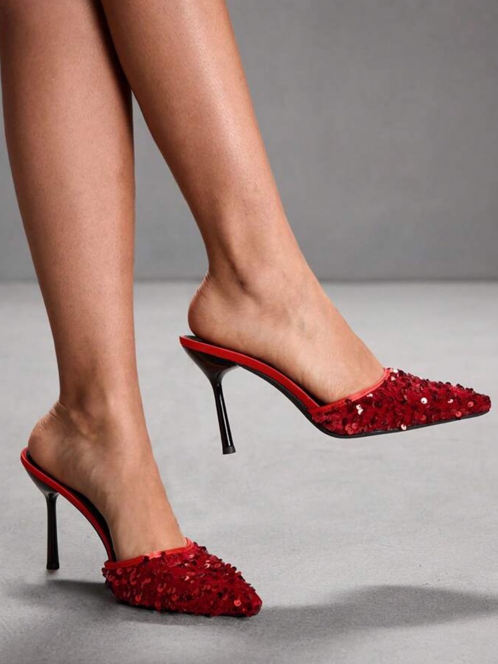 Red Sequin Pointed-Toe Mule Heels